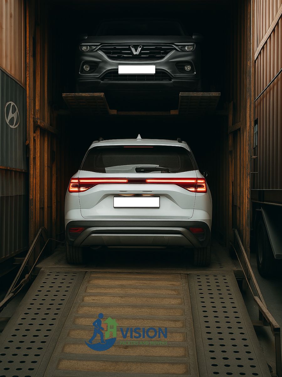 Car being loaded into carrier by Vision Packers and Movers