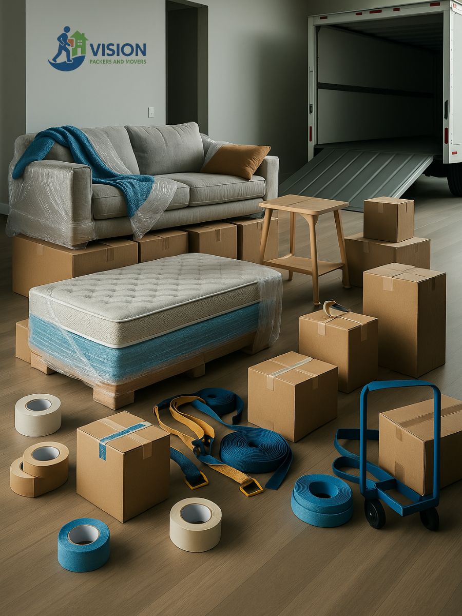 Furniture items like tables and chairs packed and ready for transport