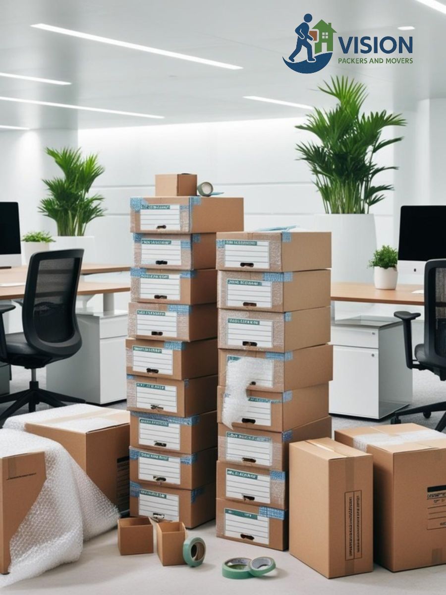 Computer and desk packed for office relocation